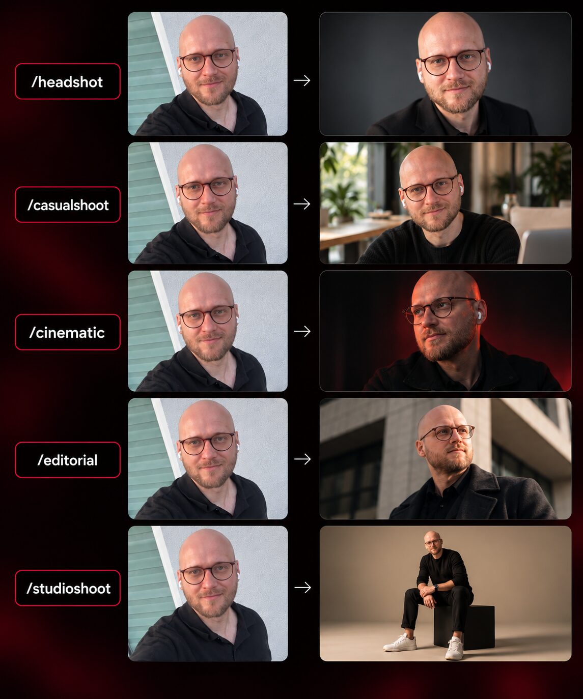 Ein Selfie und fünf daraus erstellte Business-Fotos mit den Codes /headshot, /casualshoot, /cinematic, /editorial und /studioshoot